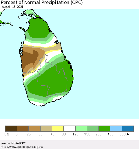 Sri Lanka Percent of Normal Precipitation (CPC) Thematic Map For 8/9/2021 - 8/15/2021