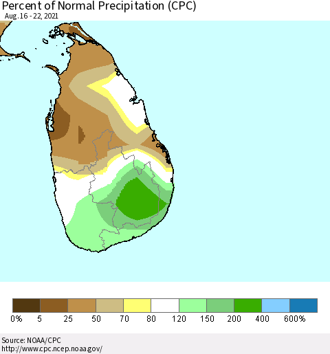 Sri Lanka Percent of Normal Precipitation (CPC) Thematic Map For 8/16/2021 - 8/22/2021
