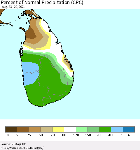 Sri Lanka Percent of Normal Precipitation (CPC) Thematic Map For 8/23/2021 - 8/29/2021