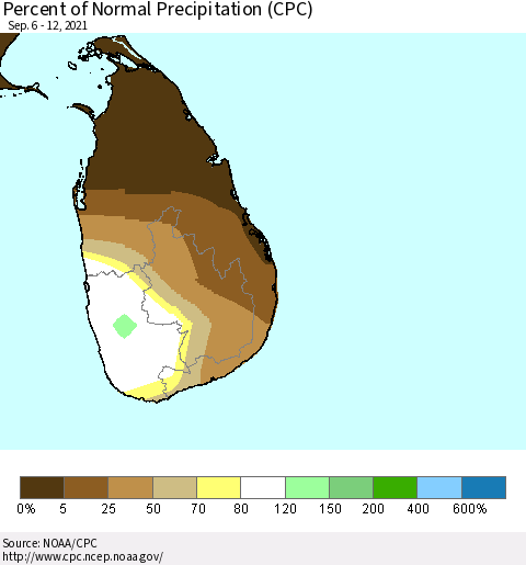 Sri Lanka Percent of Normal Precipitation (CPC) Thematic Map For 9/6/2021 - 9/12/2021