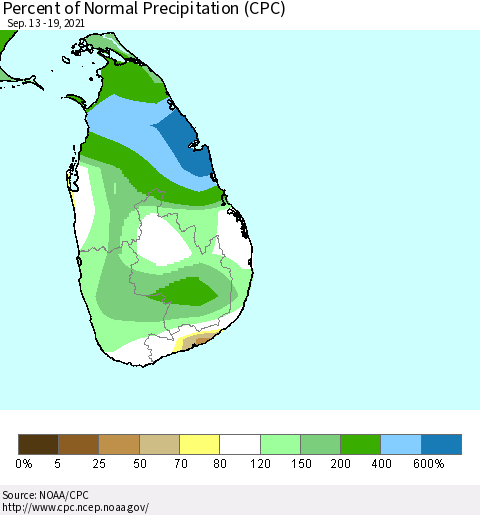 Sri Lanka Percent of Normal Precipitation (CPC) Thematic Map For 9/13/2021 - 9/19/2021