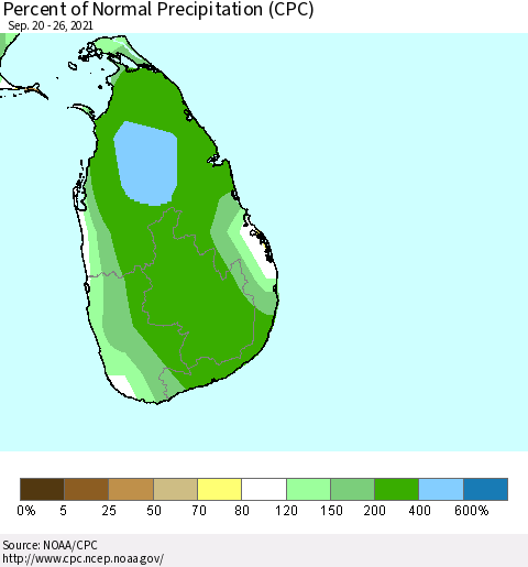 Sri Lanka Percent of Normal Precipitation (CPC) Thematic Map For 9/20/2021 - 9/26/2021