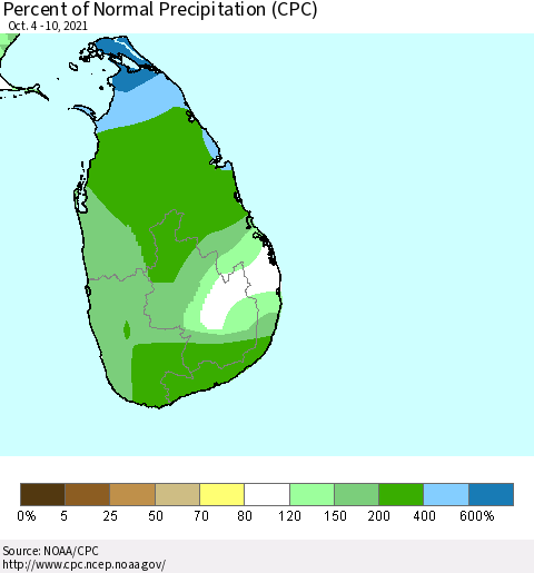 Sri Lanka Percent of Normal Precipitation (CPC) Thematic Map For 10/4/2021 - 10/10/2021