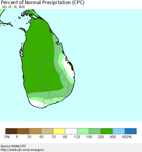 Sri Lanka Percent of Normal Precipitation (CPC) Thematic Map For 10/25/2021 - 10/31/2021