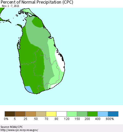 Sri Lanka Percent of Normal Precipitation (CPC) Thematic Map For 11/1/2021 - 11/7/2021