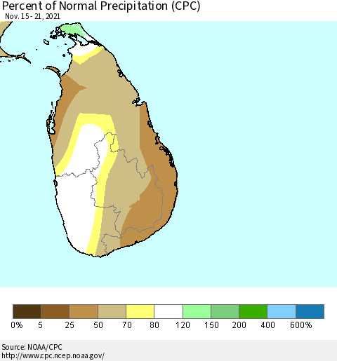 Sri Lanka Percent of Normal Precipitation (CPC) Thematic Map For 11/15/2021 - 11/21/2021