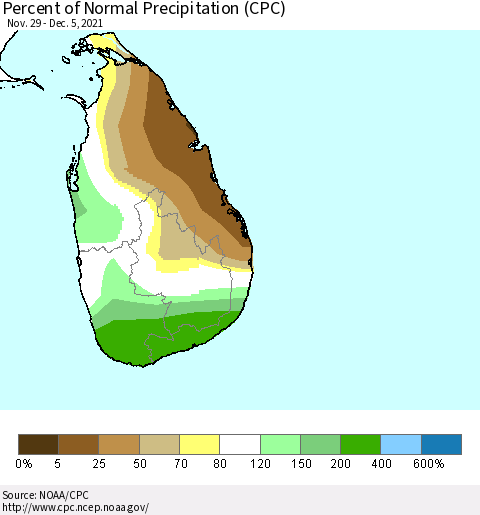 Sri Lanka Percent of Normal Precipitation (CPC) Thematic Map For 11/29/2021 - 12/5/2021