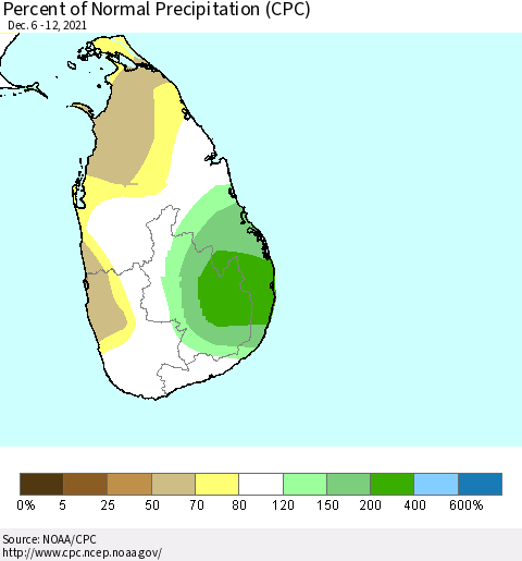 Sri Lanka Percent of Normal Precipitation (CPC) Thematic Map For 12/6/2021 - 12/12/2021