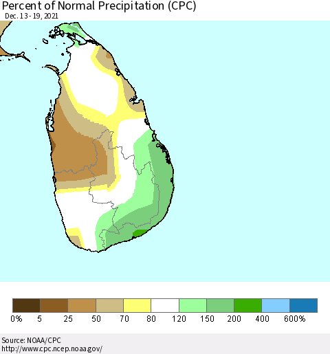 Sri Lanka Percent of Normal Precipitation (CPC) Thematic Map For 12/13/2021 - 12/19/2021