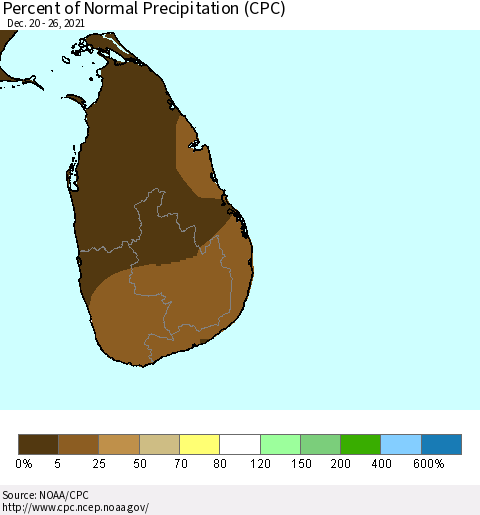 Sri Lanka Percent of Normal Precipitation (CPC) Thematic Map For 12/20/2021 - 12/26/2021