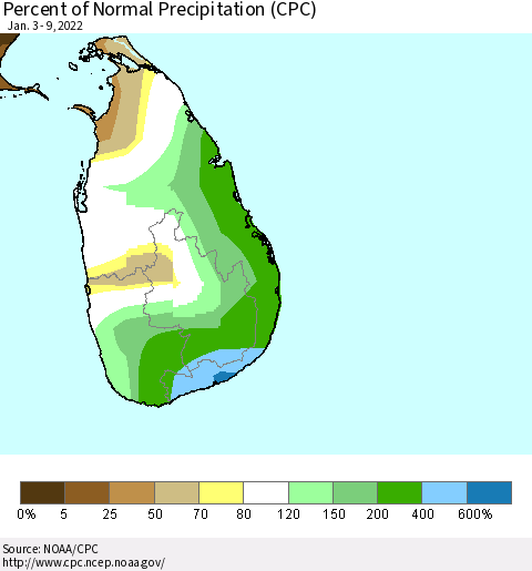 Sri Lanka Percent of Normal Precipitation (CPC) Thematic Map For 1/3/2022 - 1/9/2022