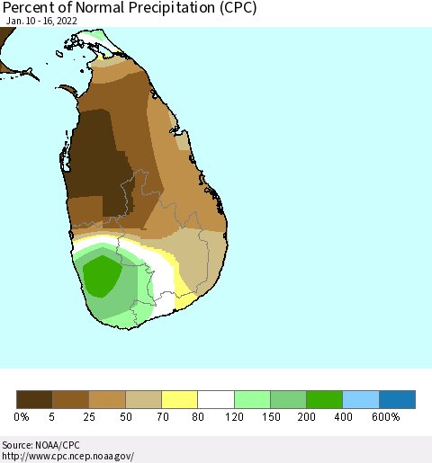 Sri Lanka Percent of Normal Precipitation (CPC) Thematic Map For 1/10/2022 - 1/16/2022