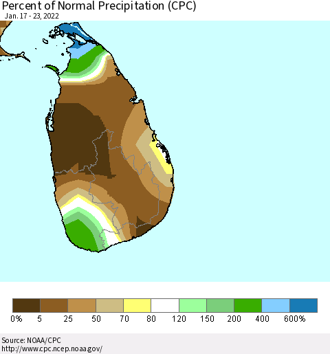 Sri Lanka Percent of Normal Precipitation (CPC) Thematic Map For 1/17/2022 - 1/23/2022