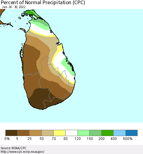 Sri Lanka Percent of Normal Precipitation (CPC) Thematic Map For 1/24/2022 - 1/30/2022