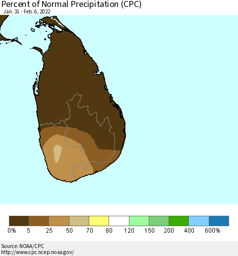 Sri Lanka Percent of Normal Precipitation (CPC) Thematic Map For 1/31/2022 - 2/6/2022