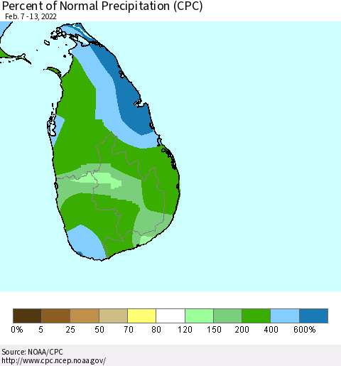 Sri Lanka Percent of Normal Precipitation (CPC) Thematic Map For 2/7/2022 - 2/13/2022