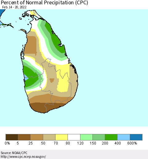 Sri Lanka Percent of Normal Precipitation (CPC) Thematic Map For 2/14/2022 - 2/20/2022