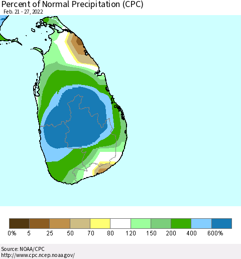 Sri Lanka Percent of Normal Precipitation (CPC) Thematic Map For 2/21/2022 - 2/27/2022