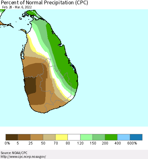 Sri Lanka Percent of Normal Precipitation (CPC) Thematic Map For 2/28/2022 - 3/6/2022