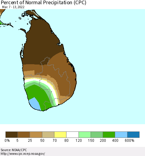 Sri Lanka Percent of Normal Precipitation (CPC) Thematic Map For 3/7/2022 - 3/13/2022