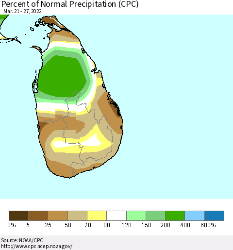 Sri Lanka Percent of Normal Precipitation (CPC) Thematic Map For 3/21/2022 - 3/27/2022