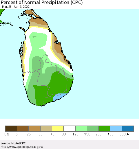 Sri Lanka Percent of Normal Precipitation (CPC) Thematic Map For 3/28/2022 - 4/3/2022