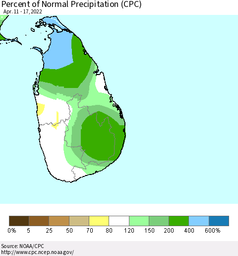 Sri Lanka Percent of Normal Precipitation (CPC) Thematic Map For 4/11/2022 - 4/17/2022
