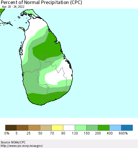 Sri Lanka Percent of Normal Precipitation (CPC) Thematic Map For 4/18/2022 - 4/24/2022