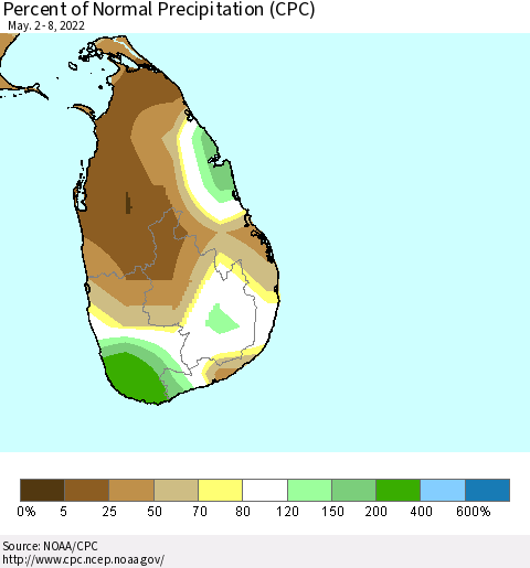 Sri Lanka Percent of Normal Precipitation (CPC) Thematic Map For 5/2/2022 - 5/8/2022