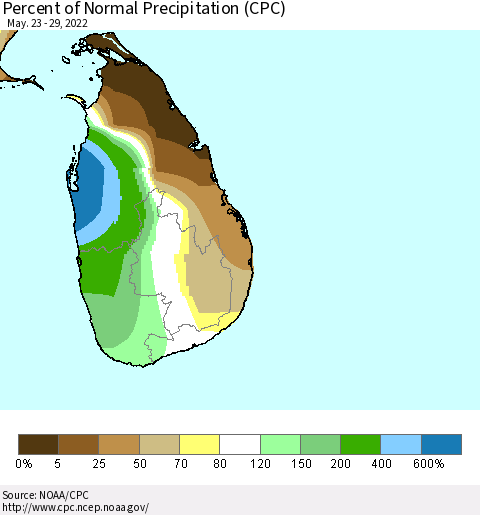 Sri Lanka Percent of Normal Precipitation (CPC) Thematic Map For 5/23/2022 - 5/29/2022