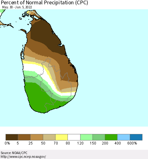 Sri Lanka Percent of Normal Precipitation (CPC) Thematic Map For 5/30/2022 - 6/5/2022