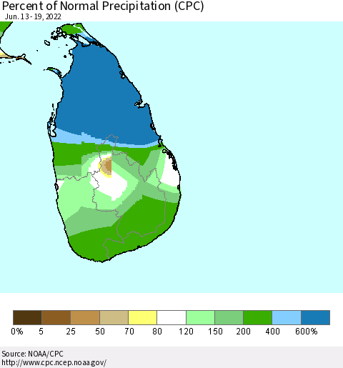 Sri Lanka Percent of Normal Precipitation (CPC) Thematic Map For 6/13/2022 - 6/19/2022