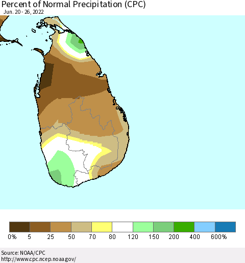Sri Lanka Percent of Normal Precipitation (CPC) Thematic Map For 6/20/2022 - 6/26/2022