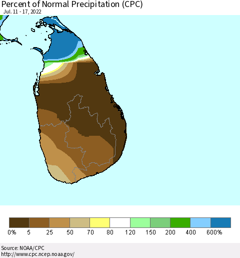 Sri Lanka Percent of Normal Precipitation (CPC) Thematic Map For 7/11/2022 - 7/17/2022