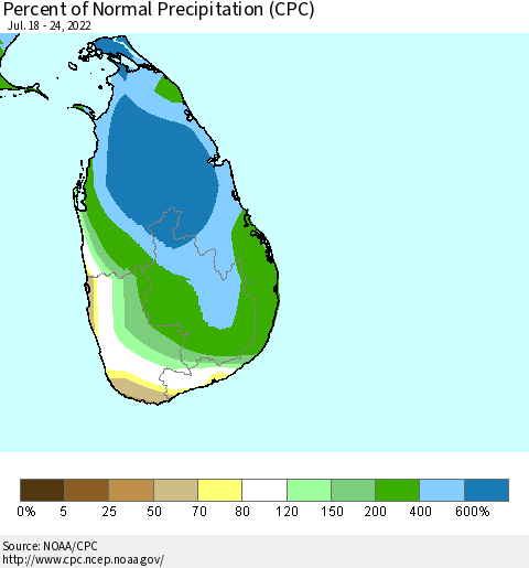 Sri Lanka Percent of Normal Precipitation (CPC) Thematic Map For 7/18/2022 - 7/24/2022