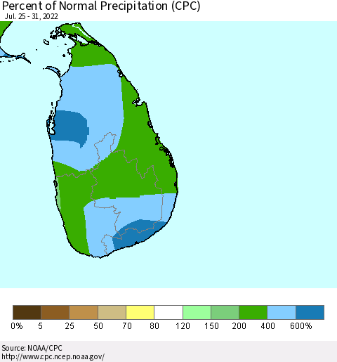 Sri Lanka Percent of Normal Precipitation (CPC) Thematic Map For 7/25/2022 - 7/31/2022