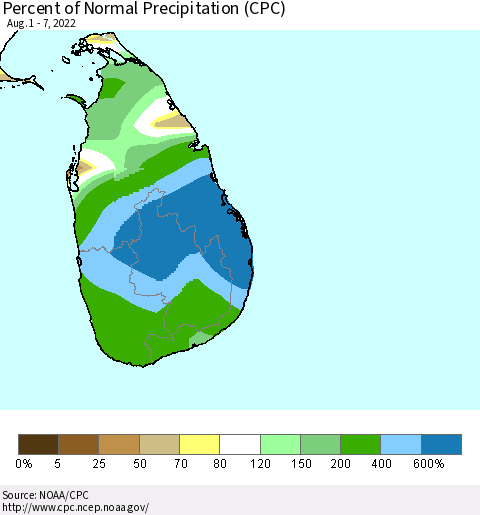 Sri Lanka Percent of Normal Precipitation (CPC) Thematic Map For 8/1/2022 - 8/7/2022