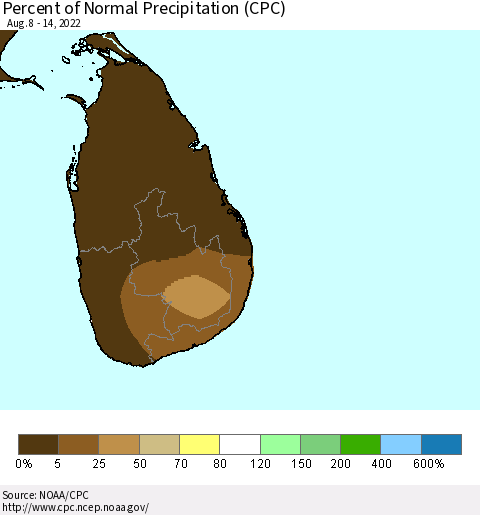 Sri Lanka Percent of Normal Precipitation (CPC) Thematic Map For 8/8/2022 - 8/14/2022
