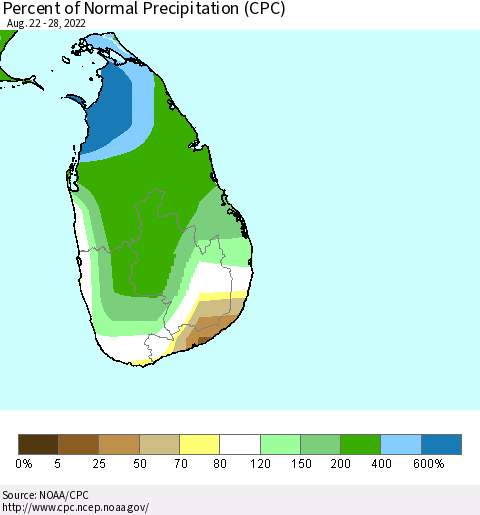 Sri Lanka Percent of Normal Precipitation (CPC) Thematic Map For 8/22/2022 - 8/28/2022