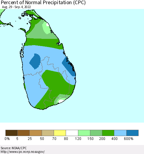 Sri Lanka Percent of Normal Precipitation (CPC) Thematic Map For 8/29/2022 - 9/4/2022