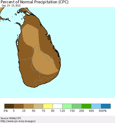 Sri Lanka Percent of Normal Precipitation (CPC) Thematic Map For 9/19/2022 - 9/25/2022