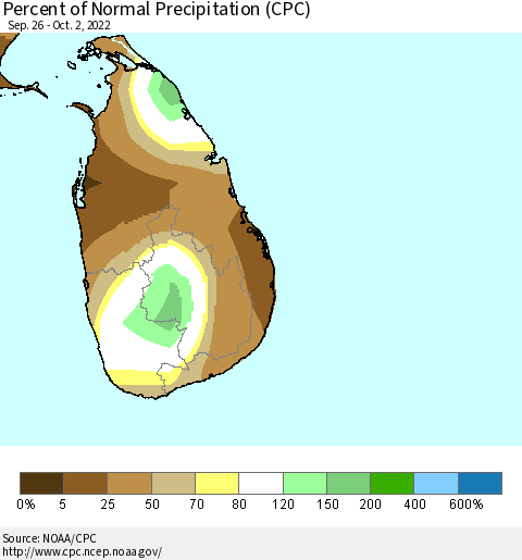 Sri Lanka Percent of Normal Precipitation (CPC) Thematic Map For 9/26/2022 - 10/2/2022