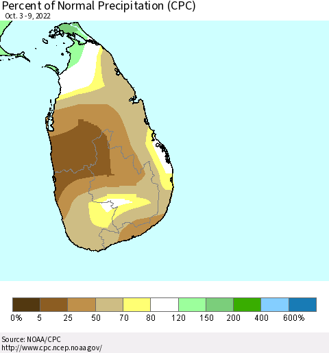 Sri Lanka Percent of Normal Precipitation (CPC) Thematic Map For 10/3/2022 - 10/9/2022