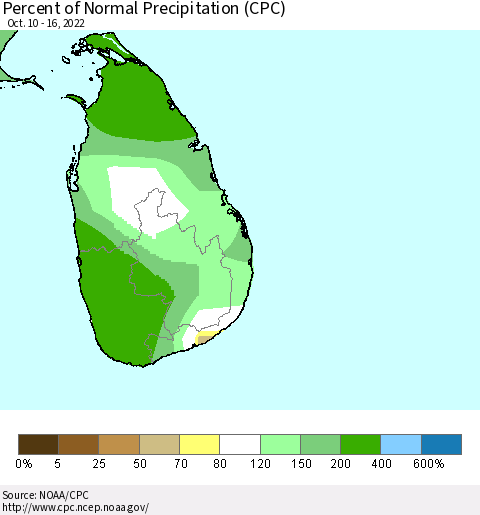 Sri Lanka Percent of Normal Precipitation (CPC) Thematic Map For 10/10/2022 - 10/16/2022