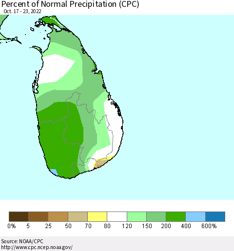 Sri Lanka Percent of Normal Precipitation (CPC) Thematic Map For 10/17/2022 - 10/23/2022