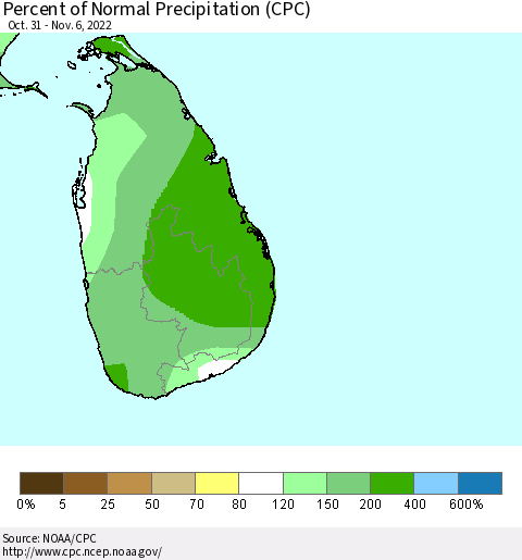 Sri Lanka Percent of Normal Precipitation (CPC) Thematic Map For 10/31/2022 - 11/6/2022
