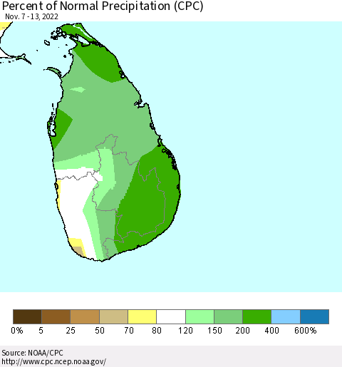 Sri Lanka Percent of Normal Precipitation (CPC) Thematic Map For 11/7/2022 - 11/13/2022