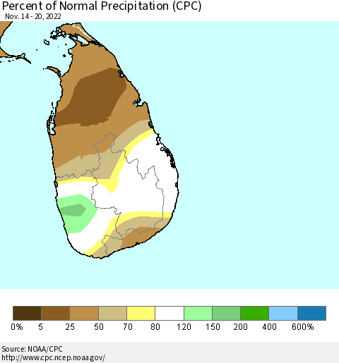 Sri Lanka Percent of Normal Precipitation (CPC) Thematic Map For 11/14/2022 - 11/20/2022