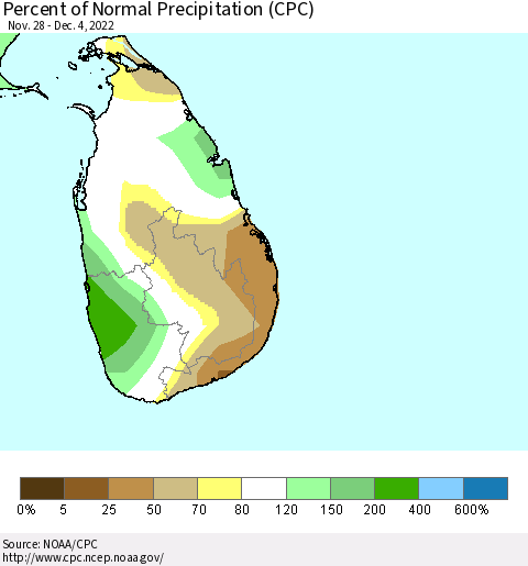 Sri Lanka Percent of Normal Precipitation (CPC) Thematic Map For 11/28/2022 - 12/4/2022