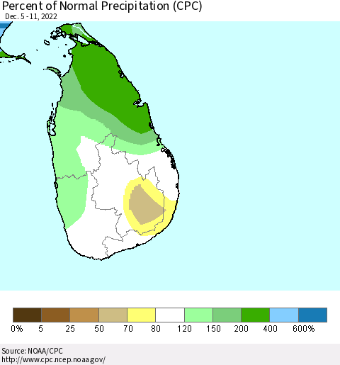 Sri Lanka Percent of Normal Precipitation (CPC) Thematic Map For 12/5/2022 - 12/11/2022